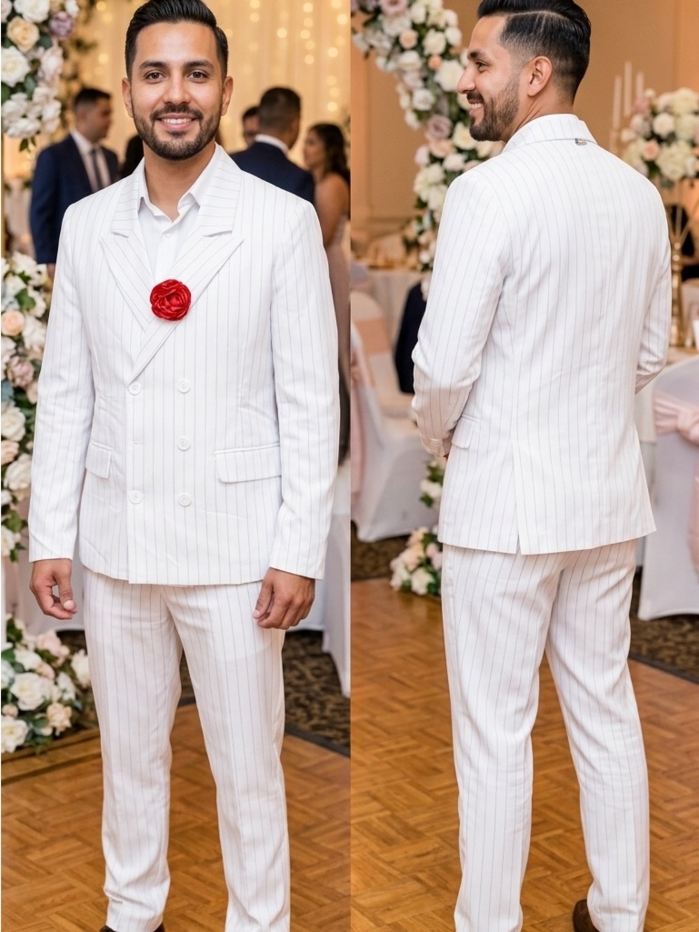 Spirit White Pinstripe Double-Breasted Suit with Red Boutonniere